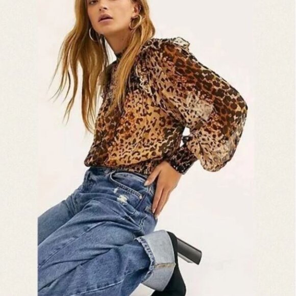 Free People Roma Cheetah Leopard Print Top Smocked Mock Neck Sheer Western Boho - Picture 1 of 14